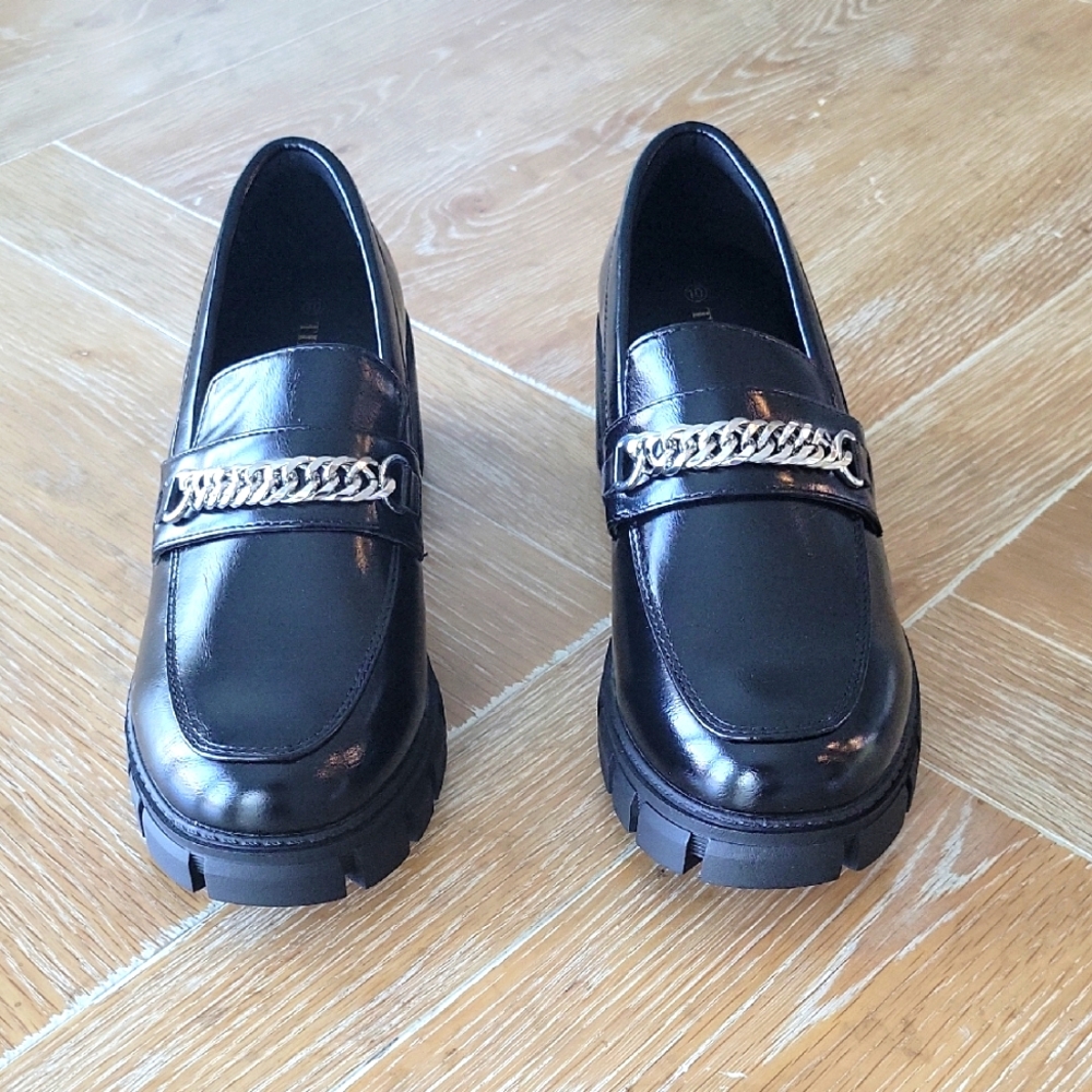 Tintree Platform Loafers W/Chain Comfort Chunky Heel Slip On Black Size 10 NIB